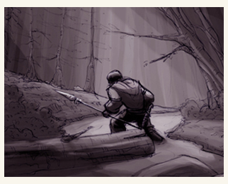 A hunter crosses a stream